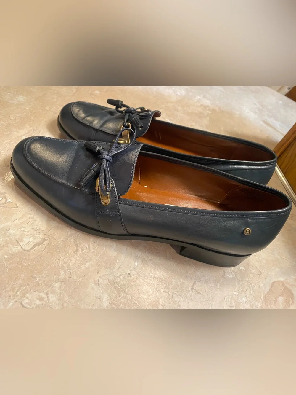 Etienne Aigner Navy Leather Tassel Loafers with Gold Bit